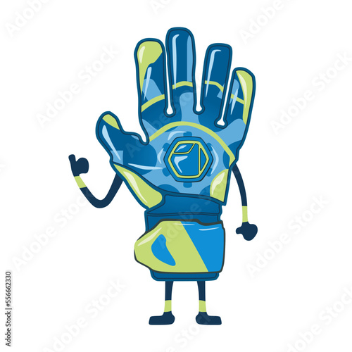 Cute blue goalkeeper gloves character vector illustration in trendy design style, isolated on white background. Realistic 3D mascot icon of football equipment for world competition. 