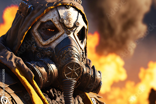 apocalyptic character with gas mask, futuristic soldier with burning background, fictional person created with generative ai