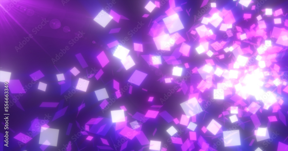 Abstract flying small purple glowing glass squares shiny energetic magical on a dark background. Abstract background Abstract flying small purple glowing glass squares shiny energetic magical on a dark background. Abstract background