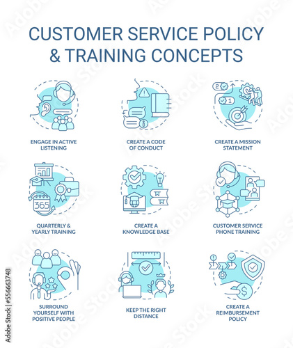 Customer service policy and training turquoise concept icons set. Corporate benefits idea thin line color illustrations. Isolated symbols. Editable stroke. Roboto-Medium, Myriad Pro-Bold fonts use