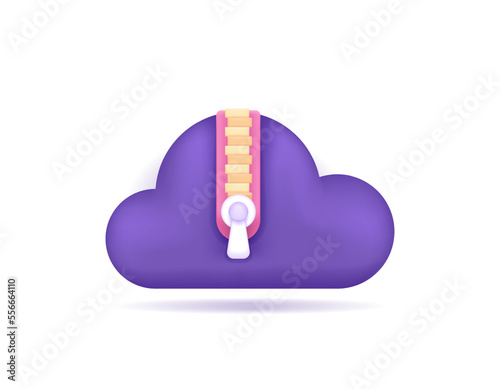 symbol of cloud and zipper. icon about application or software data backup, cloud storage, online database. storage service. 3d and realistic illustration concept design. graphic elements