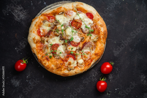 Pizza with salami and mushrooms on a dark background