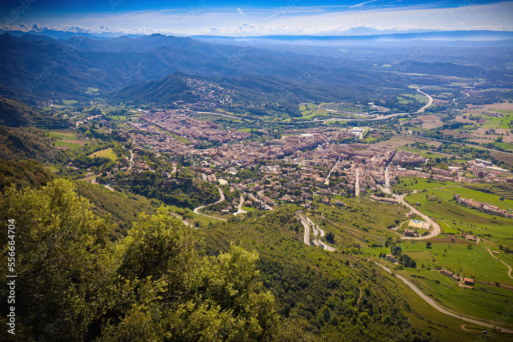 Aerial view of the city of Berga seen from the monastery of Queralt, Bergueda, Catalonia, Spain