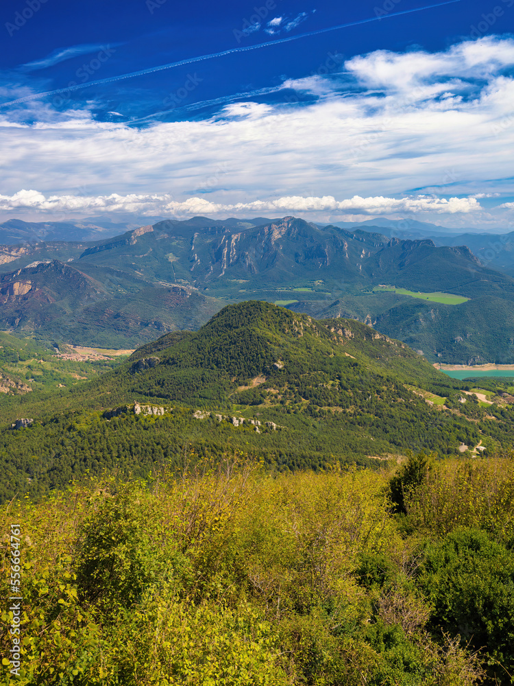Aerial view of the mountains and forests of Queral from the monastery, Berga, Catalonia, Spain