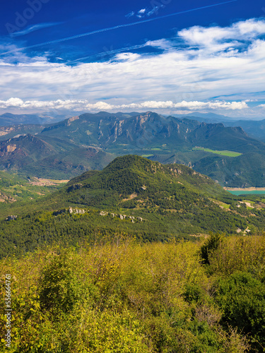 Aerial view of the mountains and forests of Queral from the monastery, Berga, Catalonia, Spain