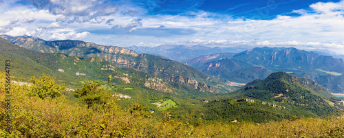Great panoramic view of the Serra del Catllaras, Rasos de Peguera and the Pyrenees in the background from the Figuerassa viewpoint, Bergueda, Catalonia, Spain