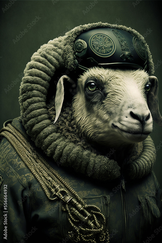 Portrait of a ram in military style