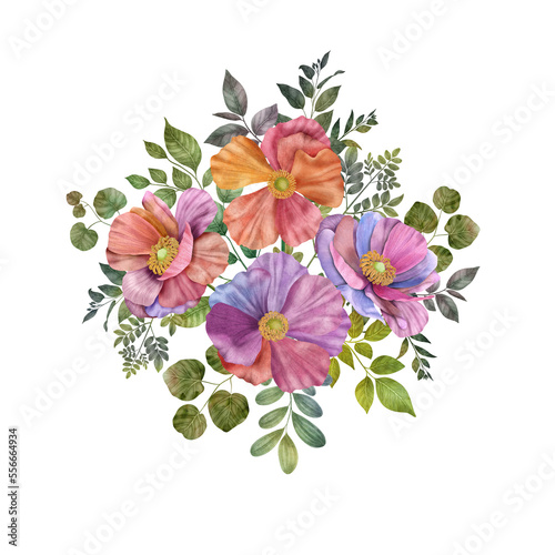 Spring Buttercup flowers and leaves bouquet isolated on white Watercolor botanical illustration Rainbow vibrant spring blossom © Lia