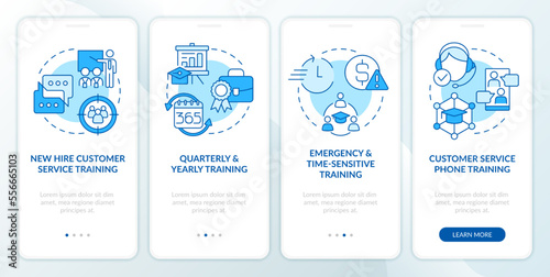 Customer service trainings blue onboarding mobile app screen. Business walkthrough 4 steps editable graphic instructions with linear concepts. UI, UX, GUI template. Myriad Pro-Bold, Regular fonts used
