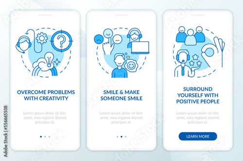 Positive attitude in service blue onboarding mobile app screen. Walkthrough 3 steps editable graphic instructions with linear concepts. UI, UX, GUI template. Myriad Pro-Bold, Regular fonts used