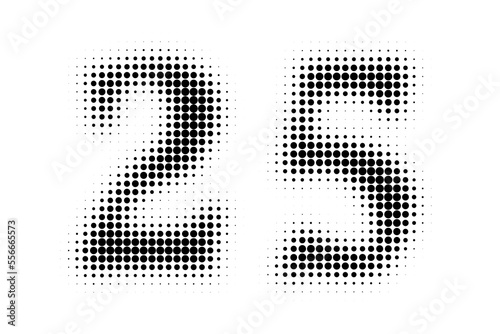 Number 25 Halftone. Pop art style. Halftone dotted backdrop. Design for web banners, wallpaper,sites vector illustration. Abstract Halftone Dotted Number.