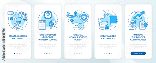 Customer service policy blue onboarding mobile app screen. Business walkthrough 5 steps editable graphic instructions with linear concepts. UI, UX, GUI template. Myriad Pro-Bold, Regular fonts used