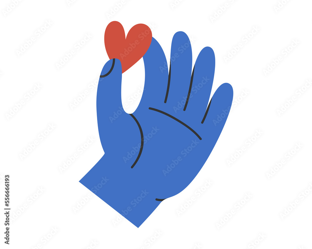 Obraz premium Hand drawn cute illustration of hand with heart. Flat vector giving love and help to charity in simple colored doodle style. Philanthropy, volunteer, Valentine's Day sticker, icon or print. Isolated.