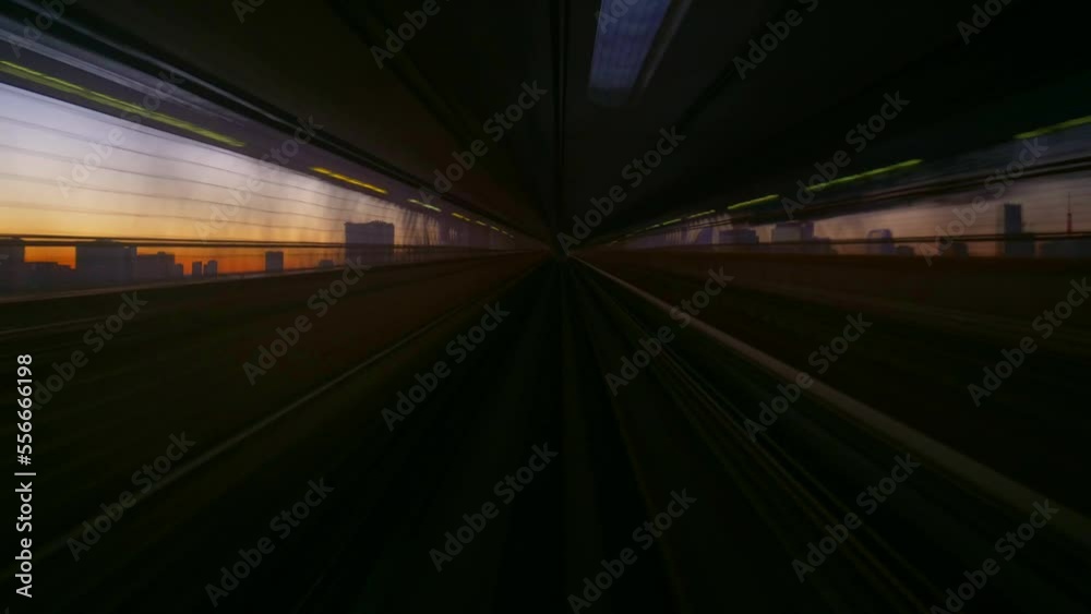 modern rapid train, hyper lapse of moving automated train on Rainbow bridge in Tokyo, Japan. Advanced engineering, transportation system, Asia tourism, transport technology concept