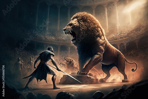 Fotografiet Supernatural epic fight, gladiator and lion, fantasy image dynamic, Generative A