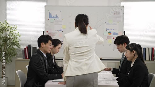 rear view of asian unhappy female boss slamming hand on the table and blaming her team member for a problem with finger pointing gesture at meeting