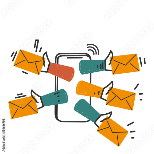 hand drawn doodle mobile phone sends a lot of envelope letters symbol for email marketing illustration