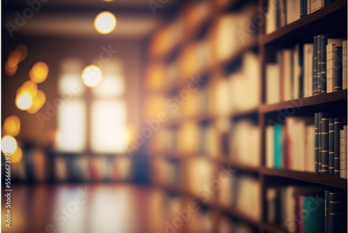 ai generated, Abstract blur library, Blurred book shelves and hall interior in library