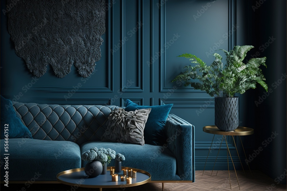 ai generated, Modern cozy living room and dark blue wall texture