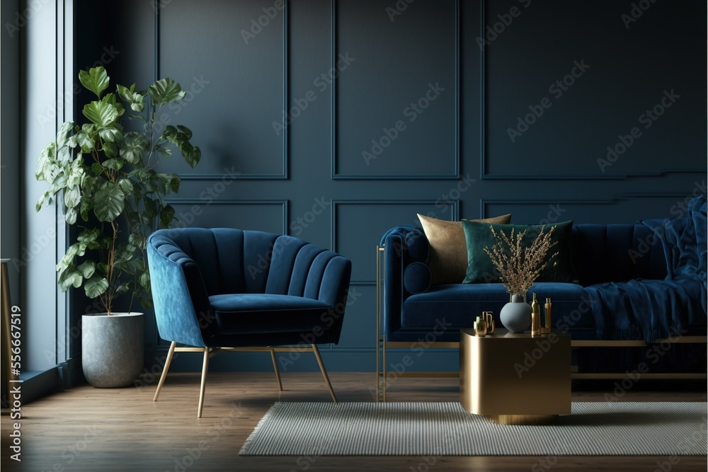ai generated, Modern cozy living room and dark blue wall texture background interior design