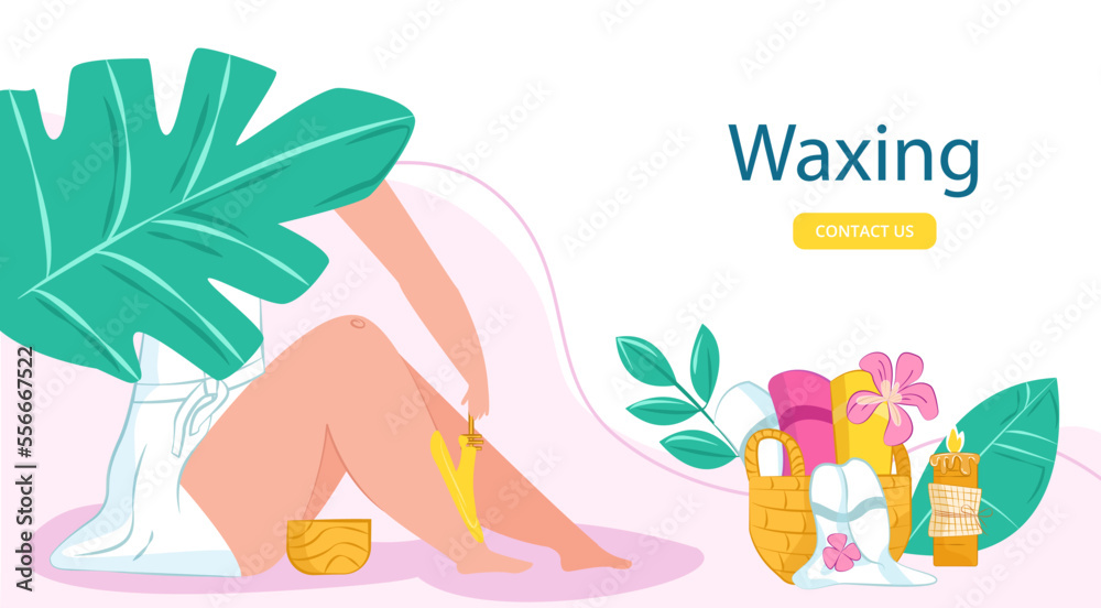 Spa massage, waxing at beauty salon web page vector illustration. Body health care by cartoon skin therapy with wax, stones landing banner.