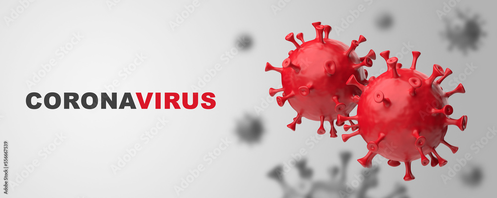 Obraz premium Coronavirus 3D rendering. Realistic Covid red on a gray background. Horizontal banner, poster, website header.