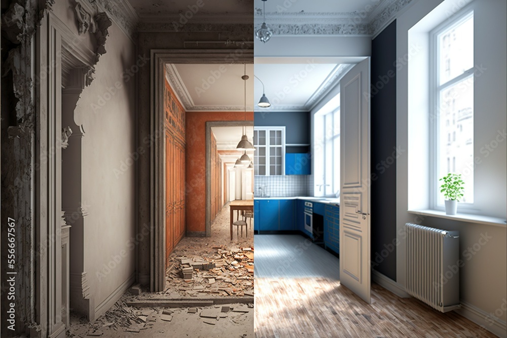 ai generated renovation concept , apartment before and after restoration or refurbishment - obrazy, fototapety, plakaty 