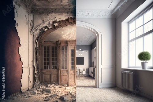 ai generated renovation concept , apartment before and after restoration or refurbishment photo