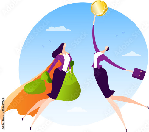 Superwoman character with money vector illustration. Business hero people design, successful person job, manager flying with currency