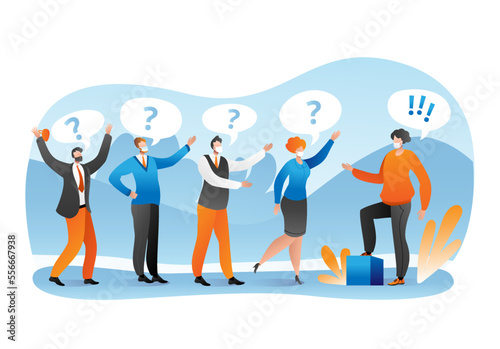Meeting with business question from person character, vector illustration. Ma...