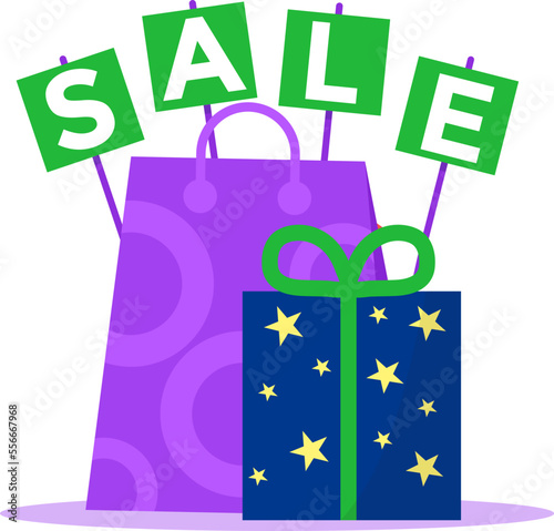 Sale sign at store shop bag, vector illustration. Retail gift with discount d...