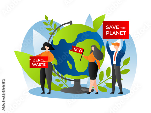 Save planet, earth nature and environment, vector illustration. Green people team care about global ecology, save natural globe eco movement.