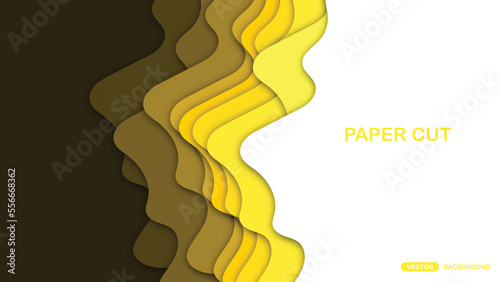 Paper cut background with wavy layers in yellow. Abstract design for brochure, flyer, magazine, business card, branding, banner, header, book cover, notebook vector background