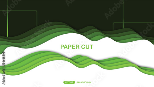 Paper cut background with wavy layers in green. Abstract design for brochure, flyer, magazine, business card, branding, banner, header, book cover, notebook vector background