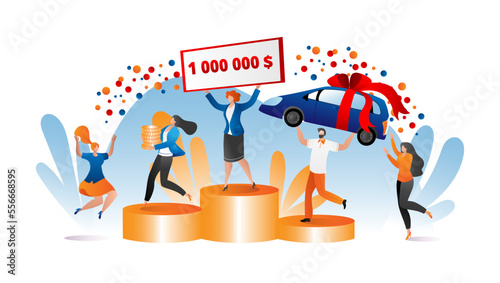Money gift for flat people character, vector illustration. Man woman character win finance prize, cartoon reward and car. Get flat present from lottery