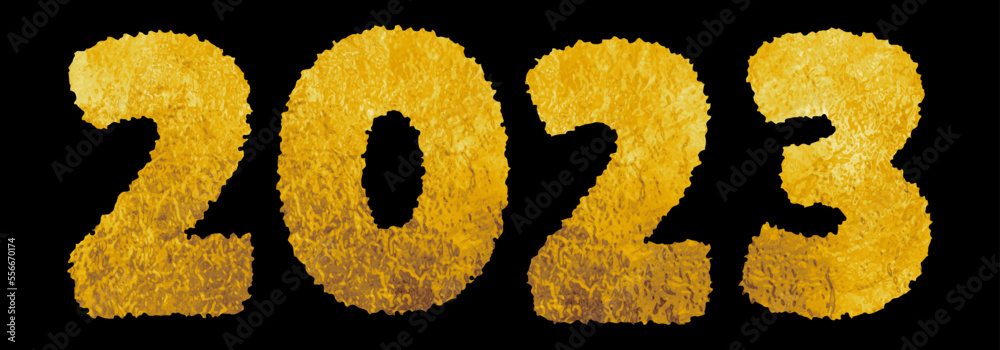 2023 Gold numbers for Christmas art background. Golden textured winter black backdrop for calendar, postcard, flyer, poster, banner. Luxury Christmas illustration. Happy New Year! Merry Christmas!