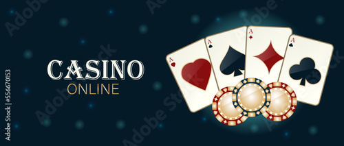 Casino online with poker cards wheel and playing chips. Vector gambling design with for invitation or promo banner.