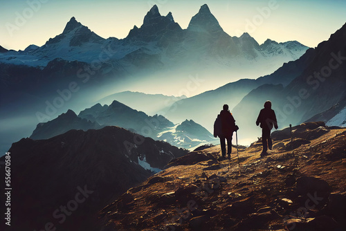 Couple hiking with backpack in swiss alp mountain panorama (Generative AI)