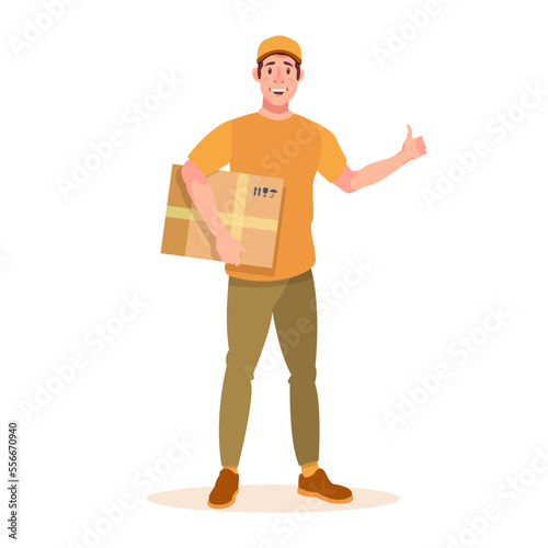 Mover, courier with a box showing thump up. Man carrying holding a load. Delivery person. Flat vector illustration.