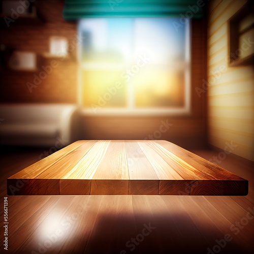 Wooden table on blurred tv room background. Generative AI