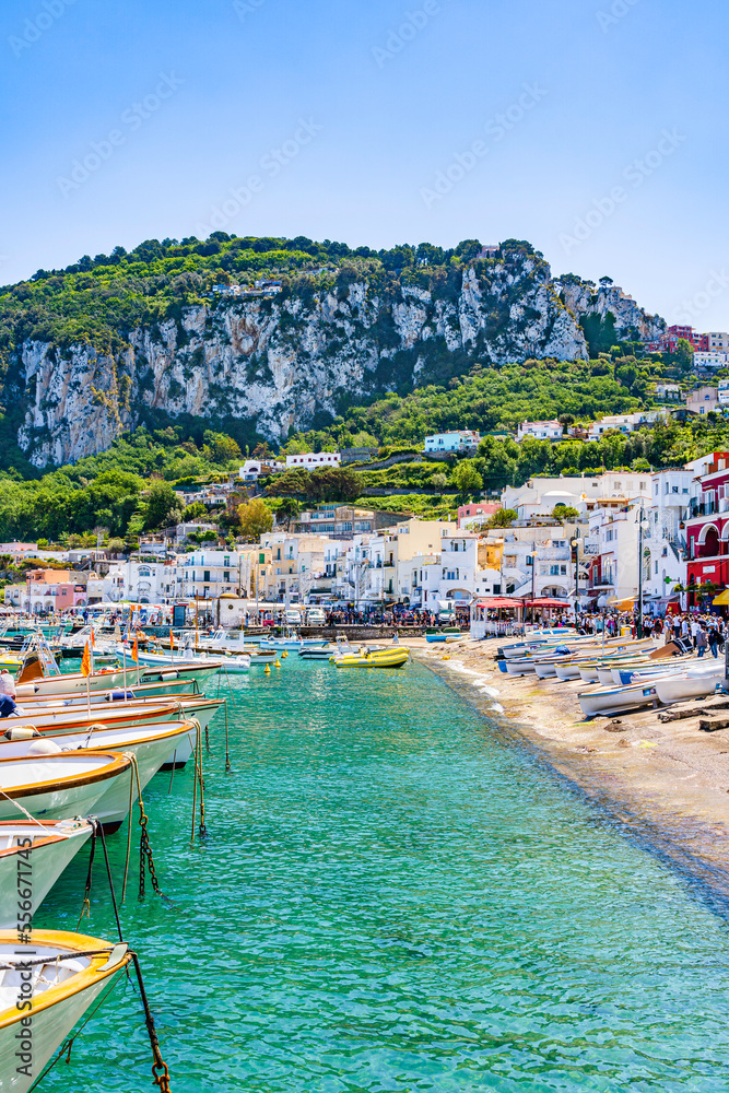 Capri, Amalfi coast, Italy - May 2019: Colorful houses on the beach of Capri island on the Mediteranean riviera