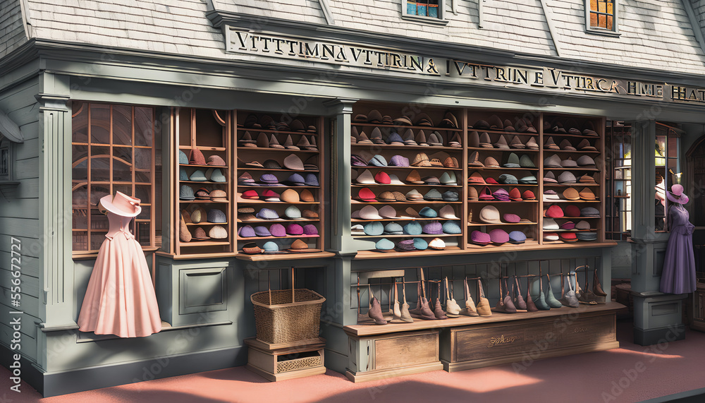 A painting of a hat shop. The image showcases the various styles and types of hats on display.