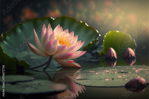 Fényképezés Lotus flower in the water and other beautiful flowers stock photo Aquatic Organism, Asia, Beauty, Blossom, Botany