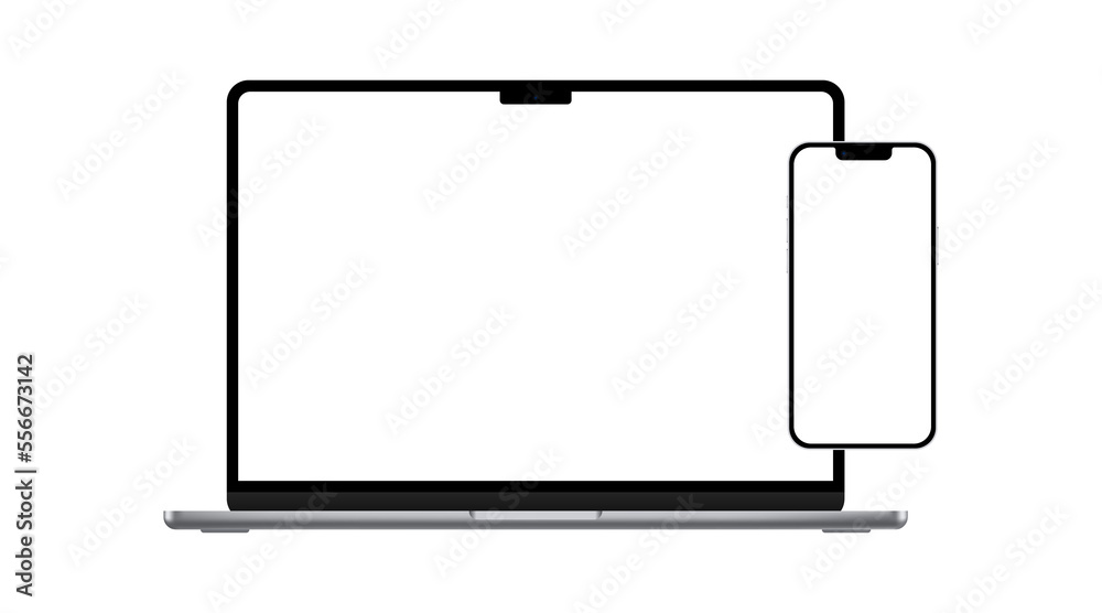 Modern laptop and smartphone mockup front view isolated on white. Notebook and phone device mockup for ui, ux, app, and website presentation. Modern laptop and smartphone mockup front view isolated on white. Notebook and phone device mockup for ui, ux, app, and website presentation.