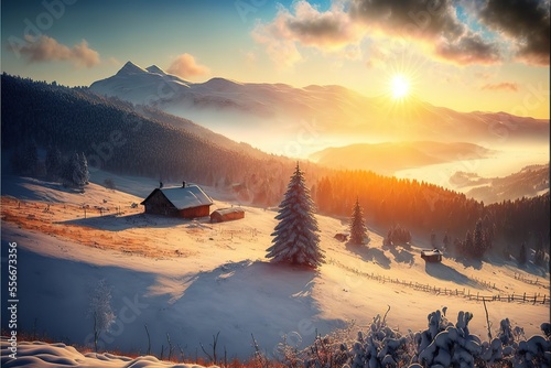 Bright winter morning stock photo New Year, Scenics - Nature, Carpathian Mountain Range, Christmas, Climate. Generative AI