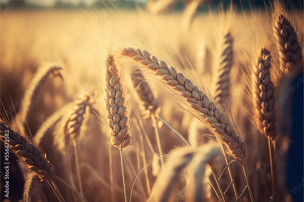 Close up of wheat ears, field of wheat in a summer day. Harvesting period. Generative AI Close up of wheat ears, field of wheat in a summer day. Harvesting period. Generative AI