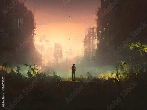 Wallpaper Mural man standing in the overgrown ruins of the city, illustration painting, digital art style Torontodigital.ca