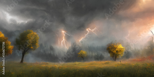 Rain forming cloudy weather with tornado nature green trees AI technology generated cartoon image
