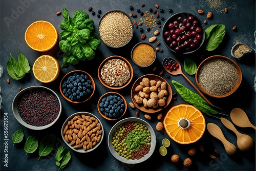 Selection of food for health, cereals, nuts, fruits, vegetables and greens. Flat lay. Generative AI