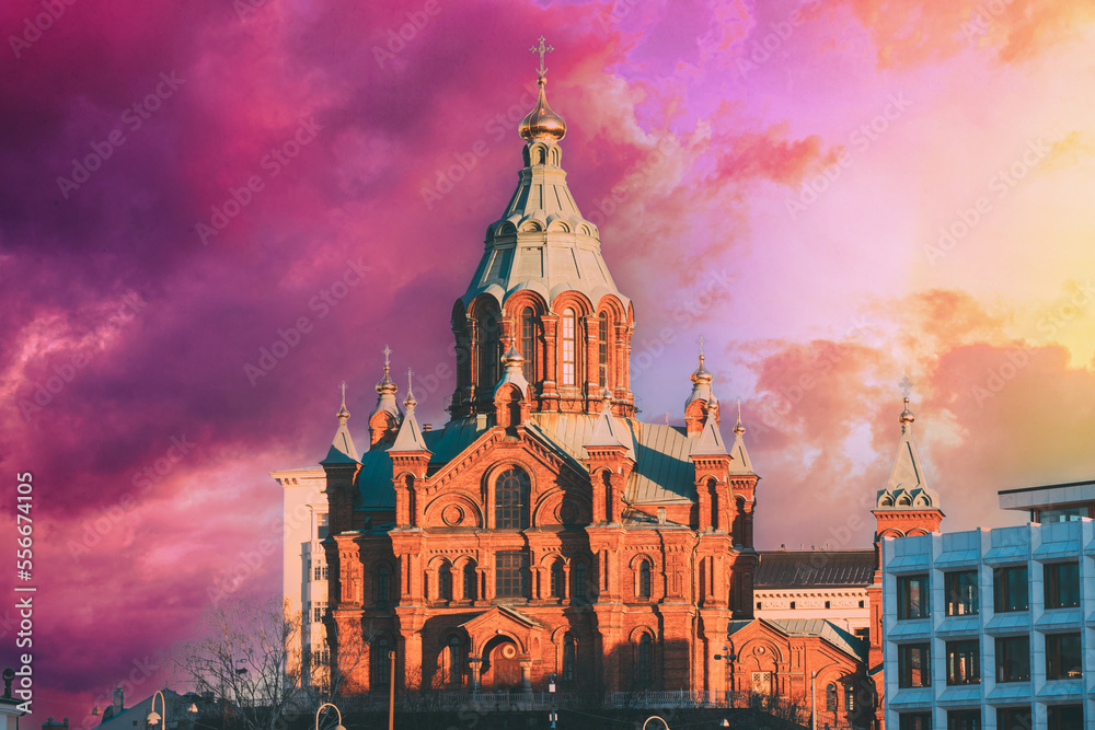 Helsinki, Finland. Uspenski Cathedral At Morning. Red Church Is Popular Tourist Destination In Finnish Capital. Sunrise Sky Natural Background. Amazing Color Effect Of Clouds. Soft Colors.
